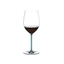 A RIEDEL Fatto A Mano Cabernet/Merlot glass in turquoise filled with red wine on a transparent background. 