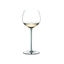 A RIEDEL Fatto A Mano Oaked Chardonnay glass in mint filled with white wine on a transparent background. 