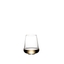 Four SL RIEDEL Stemless Wings Aromatic White Wine/Champagne Wine Glasses filled with white wine on a white background. 