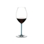 A RIEDEL Fatto A Mano Syrah glass in turquoise filled with red wine on a transparent background. 
