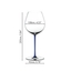 A RIEDEL Fatto A Mano Pinot Noir glass in dark blue stands together with a bottle of wine, a white, a green, a yellow, a red and a black RIEDEL Fatto A Mano Pinot Noir glass against a gray background. 