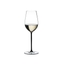 A RIEDEL Fatto A Mano Riesling/Zinfandel glass in black filled with white wine on a transparent background. 