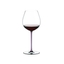 A RIEDEL Fatto A Mano Pinot Noir glass in violet filled with red wine on a transparent background. 