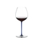 A RIEDEL Fatto A Mano Pinot Noir glass in dark blue filled with red wine on a transparent background. 