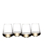 Four SL RIEDEL Stemless Wings Aromatic White Wine/Champagne Wine Glasses filled with white wine on a transparent background. 