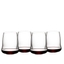 Four SL RIEDEL Stemless Wings Cabernet/Merlot glasses filled with red wine stand side by side or slightly behind each other on a transparent background. 