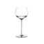 A RIEDEL Fatto A Mano Oaked Chardonnay glass in white filled with white wine on a transparent background. 