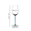 A RIEDEL Fatto A Mano Riesling/Zinfandel glass in turquoise filled with red wine on a white background. 