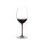 A RIEDEL Fatto A Mano Cabernet/Merlot glass in black filled with red wine on a transparent background. 