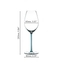 An unfilled RIEDEL Fatto A Mano Champagne Wine Glass in turquoise on a white background with product dimensions: Height: 250 mm | 9.84 inch Biggest diameter: 85 mm | 3.35 inch Base diameter: 86 mm | 3.39 inch. 