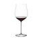 A RIEDEL Superleggero Burgundy Grand Cru glass filled with red wine on a transparent background. 