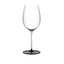 RIEDEL Fatto A Mano Black Tie Bordeaux Grand Cru filled with a drink on a white background