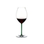 A RIEDEL Fatto A Mano Syrah green in black filled with red wine on a transparent background. 
