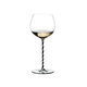 RIEDEL Fatto A Mano Oaked Chardonnay Black & White R.Q. filled with a drink on a white background