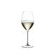 Two RIEDEL Veritas Champagne Wine Glasses one filled with champagne and one unfilled on a transparent background.