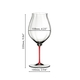 The optical blown glass of the RIEDEL Fatto A Mano Performance Pinot Noir glass with red stem is shown in zoom and explained textually.