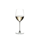 RIEDEL Veritas Viognier/Chardonnay filled with a drink on a white background