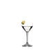 A decorated RIEDEL Drink Specific Glassware Nick & Nora glass filled with a clear drink atop of a wooden bar counter.