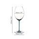 An unfilled RIEDEL Fatto A Mano Syrah with a turquoise stem on a white background with product dimensions.