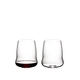 Two SL RIEDEL Stemless Wings Cabernet Sauvignon tumblers side by side on a white background. The glass on the right side is filled with red wine, the other one is empty.