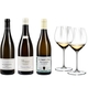 3 different closed bottles of wine from Burgundy side by side and next to 2 white wine filled RIEDEL Performance Chardonnay glasses on white background.