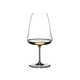 A RIEDEL Winewings Restaurant Riesling glass filled with white wine on a white background.