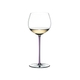 RIEDEL Fatto A Mano Oaked Chardonnay Opal Violet filled with a drink on a white background