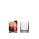 Two RIEDEL Drink Specific Glassware Double Rocks glasses one filled with a drink and one unfilled on a white background.