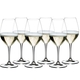 6 filled RIEDEL Vinum champagne wine glasses slightly offset in 2 rows