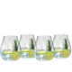 4 decorated gin cocktails served in RIEDEL Tumbler Collection Optical O Gin glasses stand slightly offset side by side