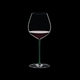 RIEDEL Fatto A Mano Pinot Noir Green R.Q. filled with a drink on a black background