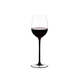 RIEDEL Sommeliers Black Tie Mature Bordeaux filled with a drink on a white background