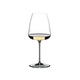 A RIEDEL Winewings Sauvignon Blanc glass filled with white wine on a white background.