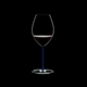 RIEDEL Fatto A Mano Syrah Dark Blue R.Q. filled with a drink on a black background