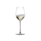RIEDEL Fatto A Mano Champagne Wine Glass Pink R.Q. filled with a drink on a white background