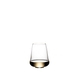A SL RIEDEL Stemless Wings Riesling/Sauvignon/Champagne Glass filled with white wine on a white background.