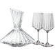 An unfilled Spiegelau Lifestyle Decanter and two unfilled Spiegelau Lifestyle Red Wine Glasses side by side