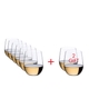 Six RIEDEL O Wine Tumbler Viognier/Chardonnay are slightly offset one behind the other on the right and two glasses on the left. A red plus sign is placed between the glasses. All 8 RIEDEL O Wine Tumbler Viognier/Chardonnay are filled with white wine.