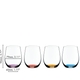 4 RIEDEL O Wine Tumbler Happy O Vol. 2 with colored bases in orange, violet, cyan and amber. An Easter nest behind it.