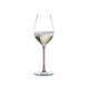 An unfilled RIEDEL Fatto A Mano Champagne Glass with a mauve stem on a white background with product dimensions.