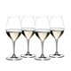 4 RIEDEL Vinum Champagne Wine Glasses filled with champagne stand slightly offset side by side