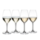 Four filled RIEDEL Wine Friendly White Wine / Champagne Glasses side by side.