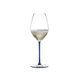 RIEDEL Fatto A Mano Champagne Wine Glass Dark Blue R.Q. filled with a drink on a white background