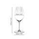 An unfilled RIEDEL Performance Riesling glass on white background with product dimensions.