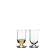 Two RIEDEL Vinum Single Malt Whisky glasses side by side. The glass on the left side is filled with whisky, the other one is empty.