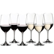6 RIEDEL Vinum Riesling Grand Cru/Zinfandel glasses stand offset in 2 rows side by side. The first three wine glasses are filled with red wine, the others are filled with white wine.