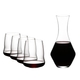 Four SL RIEDEL Stemless Wings Cabernet/Merlot glasses and a Decanter Merlot filled with red wine stand side by side or slightly behind each other on a white background.