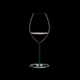 RIEDEL Fatto A Mano Syrah Green R.Q. filled with a drink on a black background