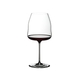 A RIEDEL Winewings Restaurant Pinot Noir/Nebbiolo glass filled with red wine on a white background.