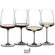 4 RIEDEL Winegwings glasses slightly offset side by side. The Syrah and Pinot Noir/Nebbiolo glasses are both filled with red wine, Riesling and Chardonnay glasses are filled with white wine. 